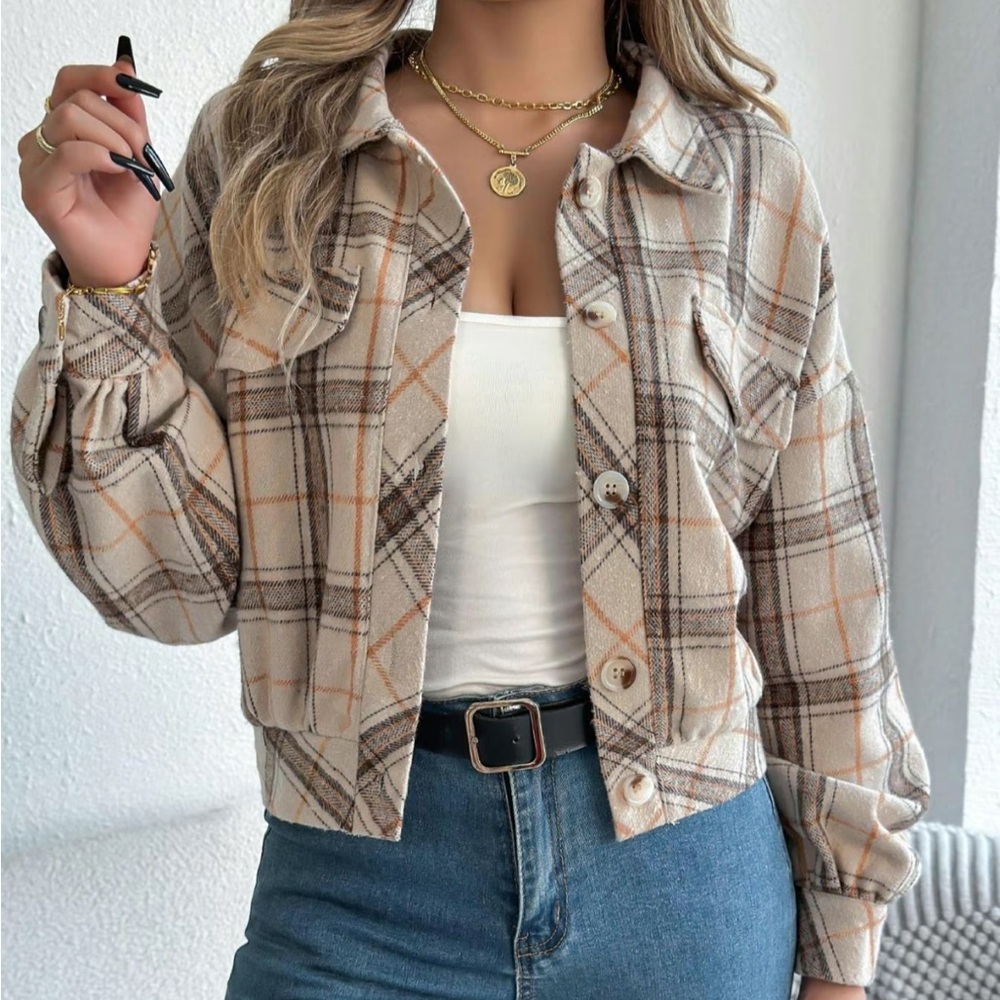 Chic Plaid Tan Utility Jacket for Women